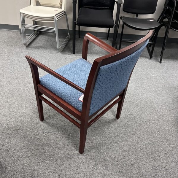 blue upholstered seat and back guest chair national Kimball furniture used office cherry