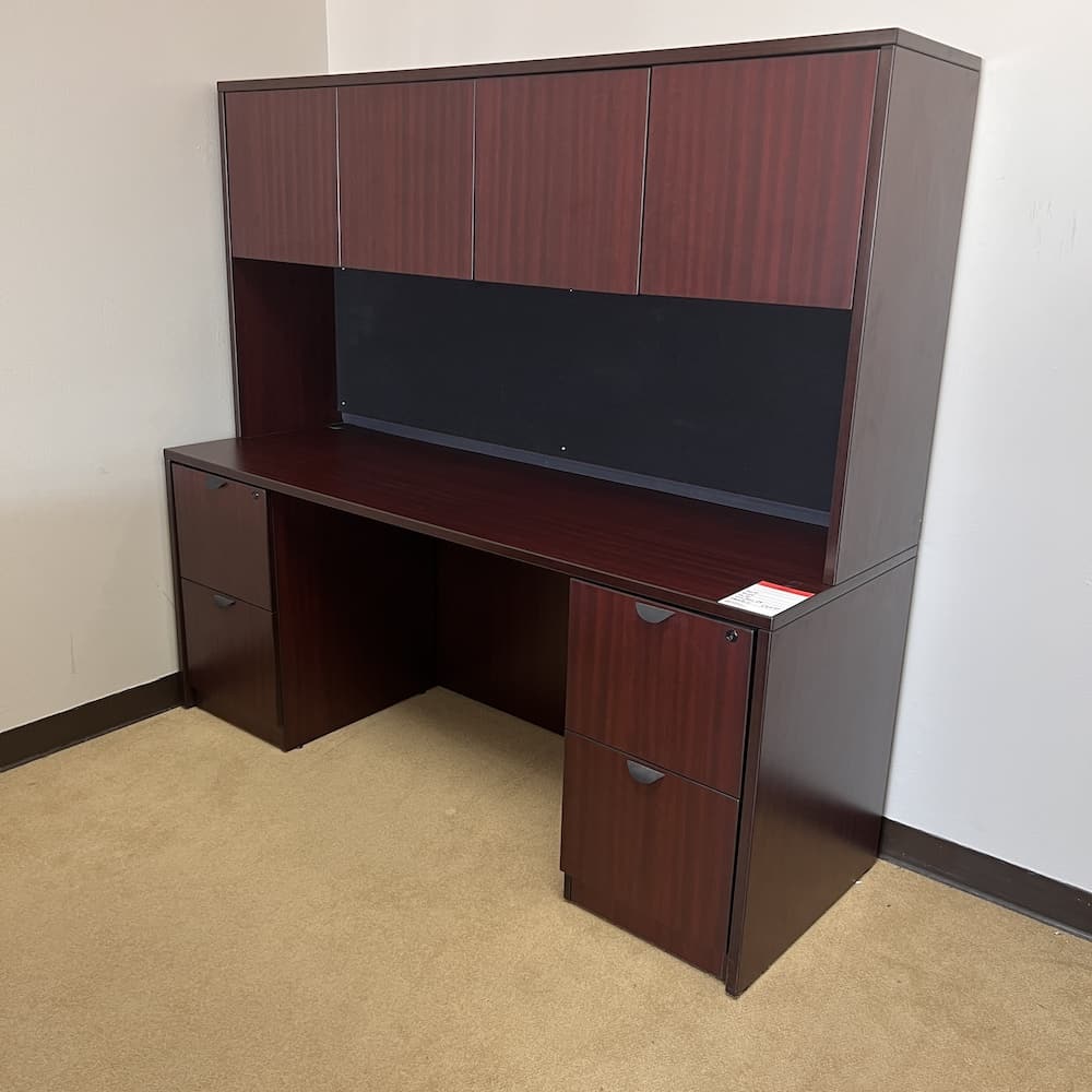 mahogany laminate Credenza Desk with hutch double pedestal black pulls used office furniture