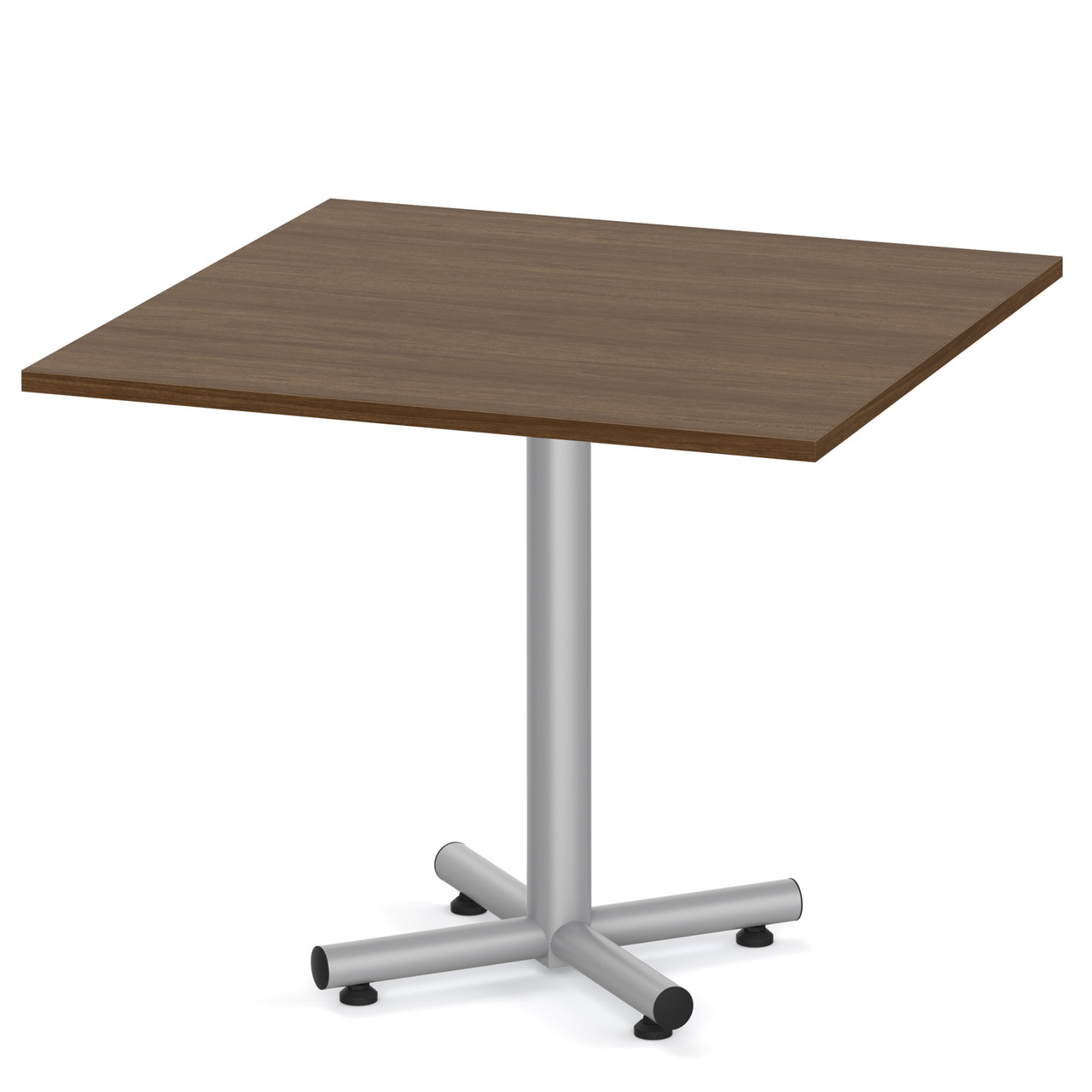 walnut laminate square 48" break room cafe dining table modern with metal cross base grey silver office furniture