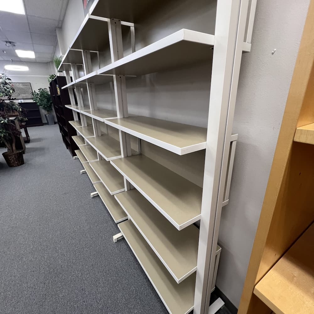 white and khaki beige green laminate long shelving unit used furniture display retail storage