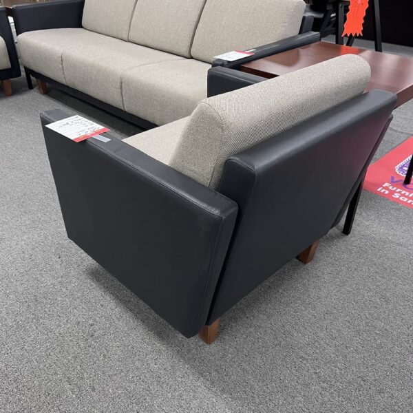 beige heather oatmeal upholstery with navy vinyl sides lounge arm chair waiting reception used office furniture hon brand