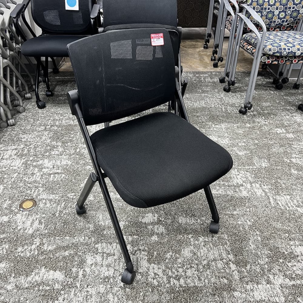 black mesh back nesting rolling conference chair training room armless uline used office furniture