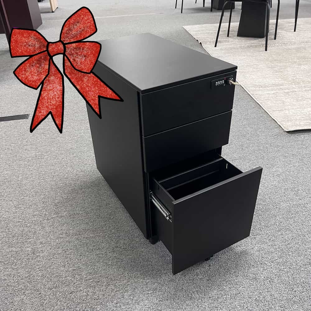 ribbon black metal rolling file cabinet with 3 drawers, open file drawer