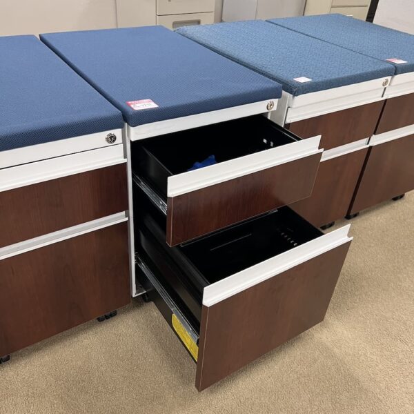 blue cushion top, espresso laminate front, white metal base and sides vertical box file rolling cabinet haworth used office furniture