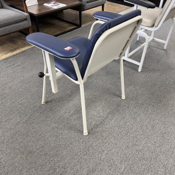blue vinyl seat, white metal frame, black plastic arms wide used medical furniture phlebotomy