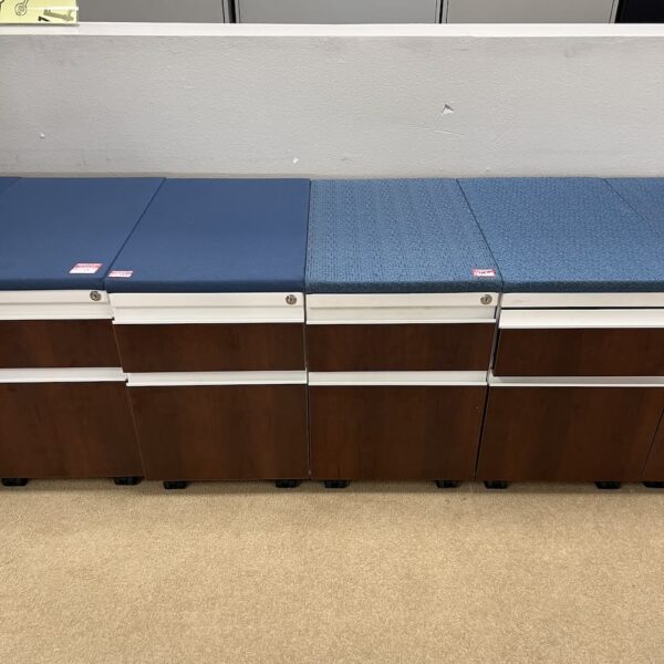haworth walnut and white with blue cushion top rolling box file pedestal used office furniture