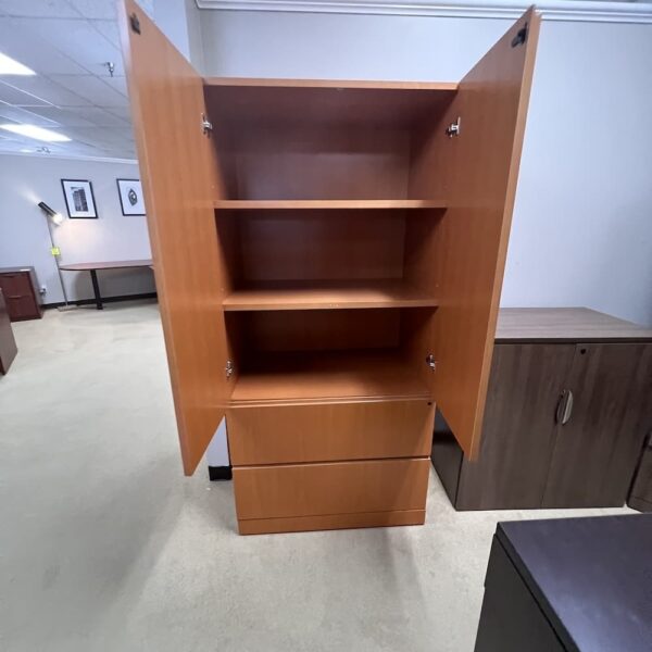 cherry veneer storage cabinet 2 doors with 2 drawer lateral on bottom shelves Paoli brand used office furniture storage solutions