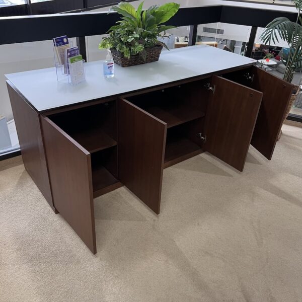 cherry veneer wood credenza storage cabinet with frosted glass top 4 doors used office furniture
