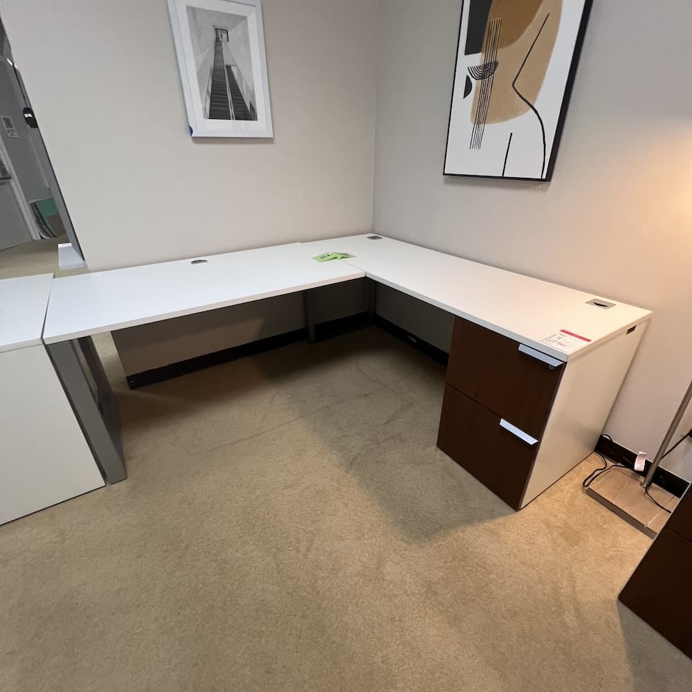 white and espresso laminate veneer l-desk Paoli right return file/file used office furniture