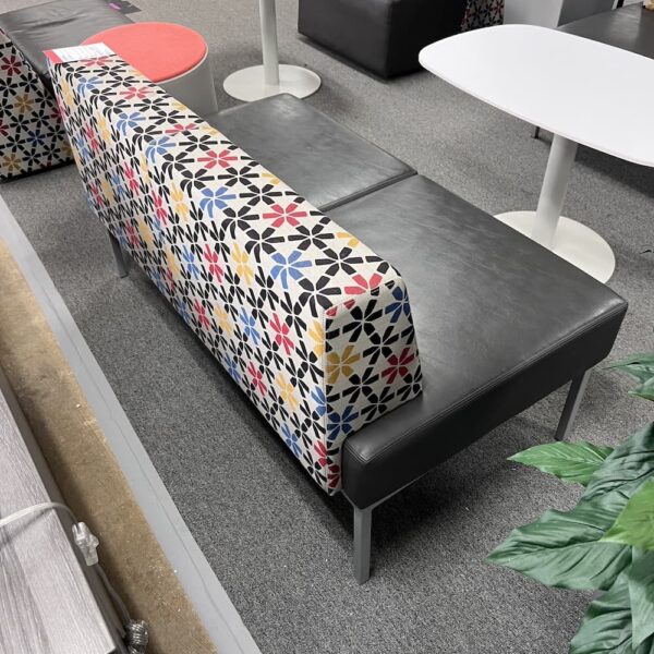taupe vinyl seat and multi color blue yellow red upholstered back bench commercial used office furniture booth global brand