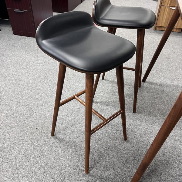 walnut veneer and black leather pub table and two chairs set article used home furniture cafe coffee shop