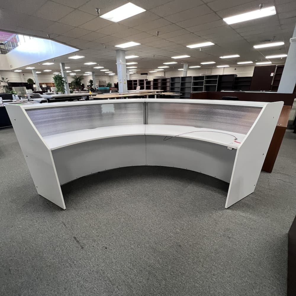 white laminate and silver half round reception desk with acrylic window modern used office furniture