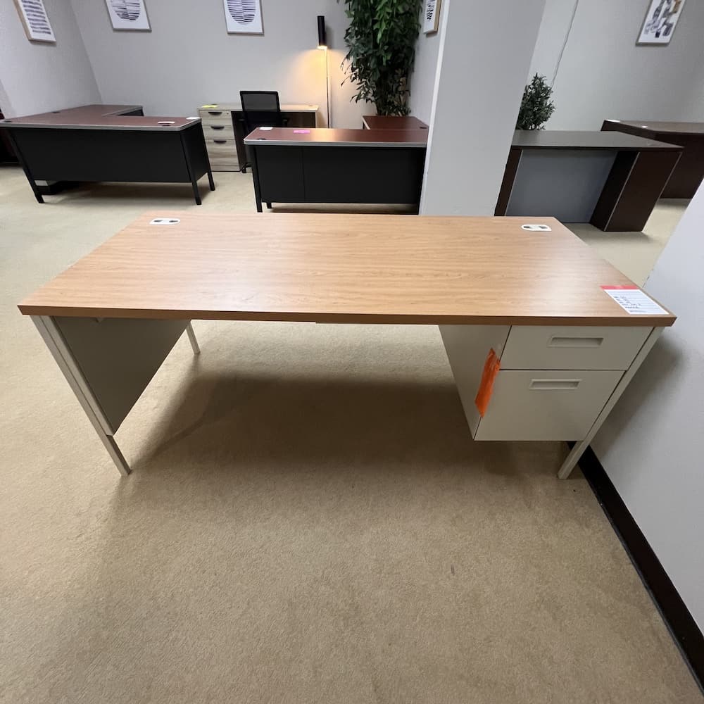 maple laminate top desk with beige metal base box file on the right used office furniture