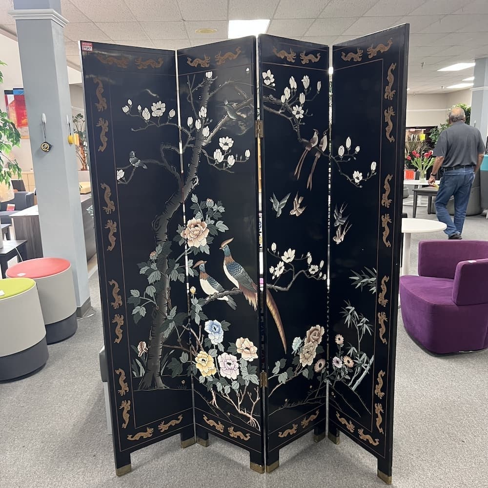 black enamel hand painted hand carved asian traditional room screen divider used home furniture