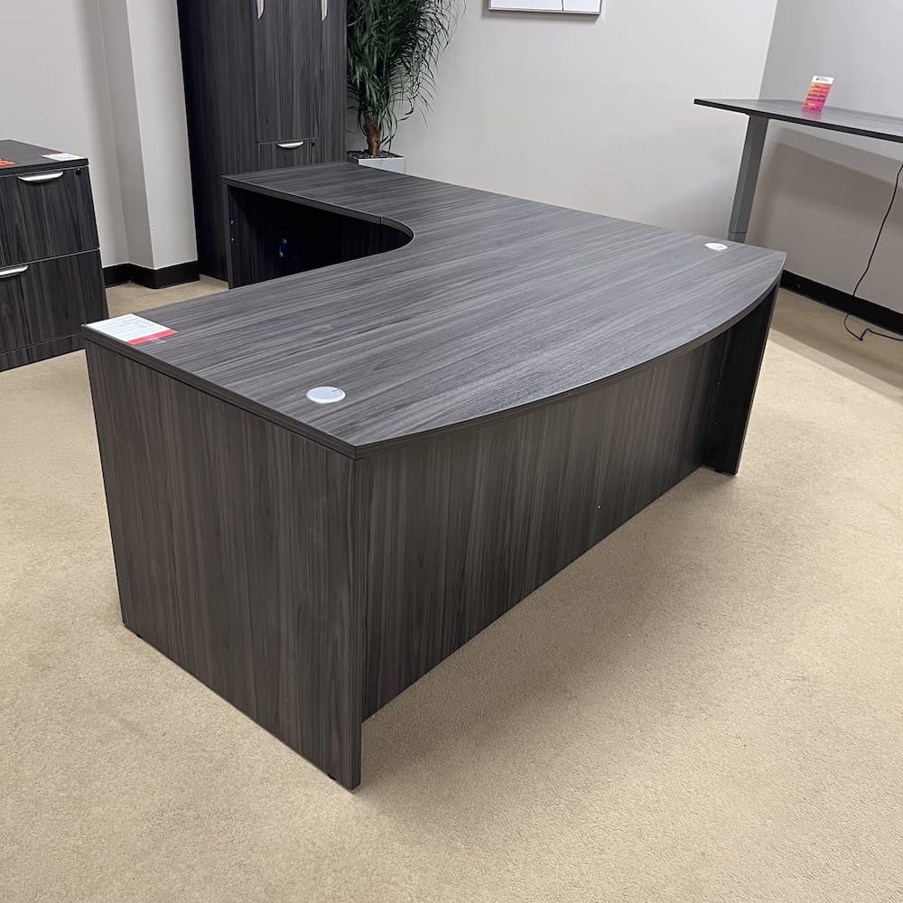 coastal grey laminate l-desk bow front shell used office furniture