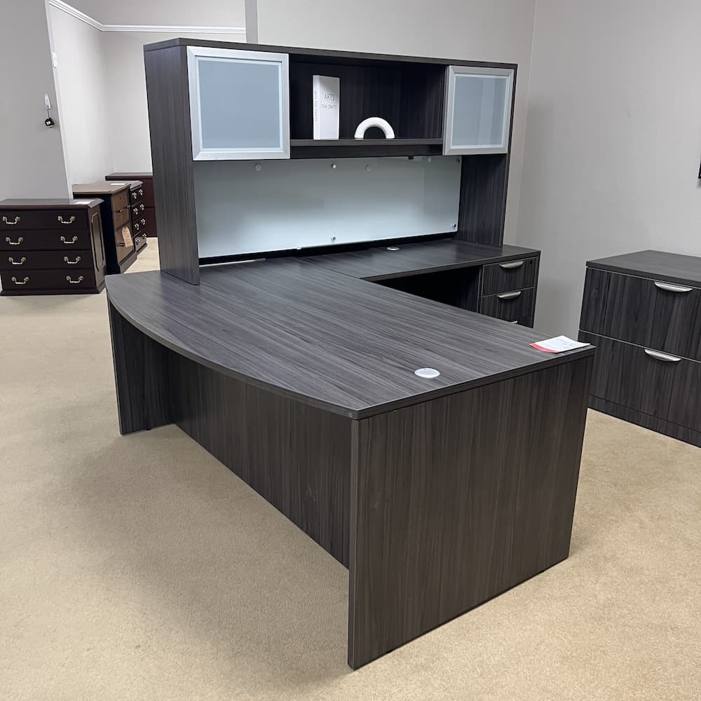 coastal grey laminate bow front l-desk right return with hutch, two glass doors, and a white glass dry erase mounted on hutch, used office furniture Box box file