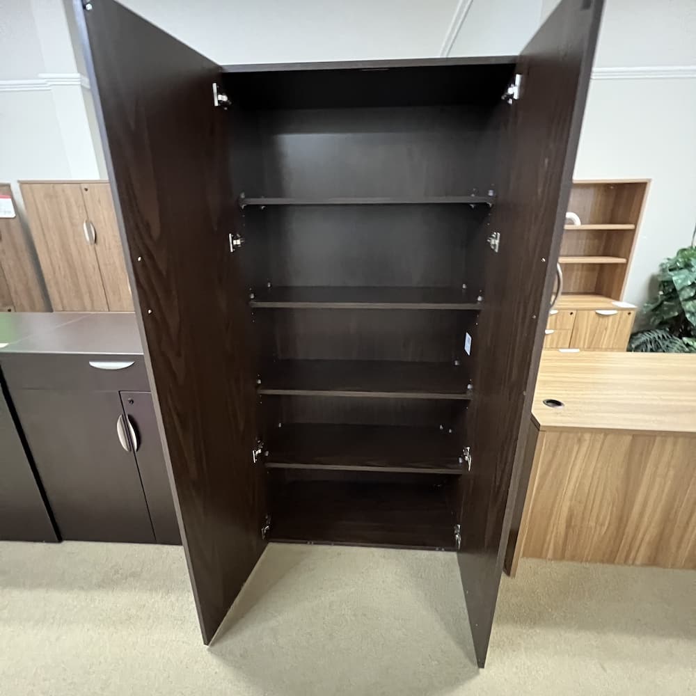 espresso walnut laminate 2 door tall storage cabinet with silver pulls used office furniture