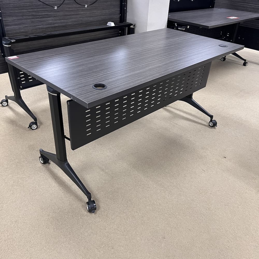 60x30 grey laminate training table with black base, flip, fold nest, used office furniture desk break room