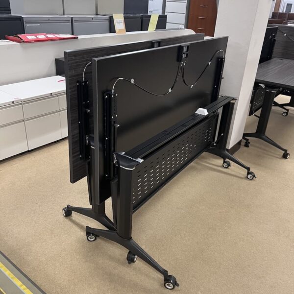 60x30 grey laminate training table with black base, flip, fold nest, used office furniture desk break room