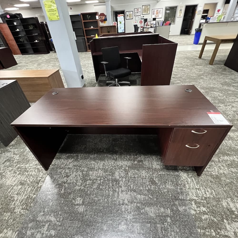 mahogany laminate desk 66x30 with box file and silver pulls, used office furniture