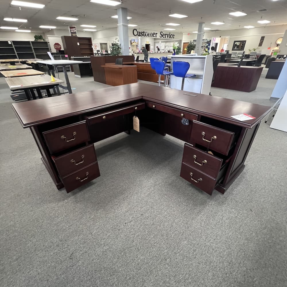 mahogany veneer l-desk rowland executive double pedestal used office furniture traditional fancy
