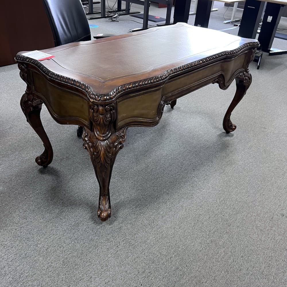 walnut veneer wood with leather inlays, traditional executive and ornate style writing desk, used office furniture hooker furniture seven seas