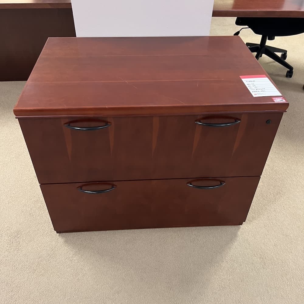 cherry veneer 2 drawer lateral file cabinet used office furniture Kimball brand black pulls
