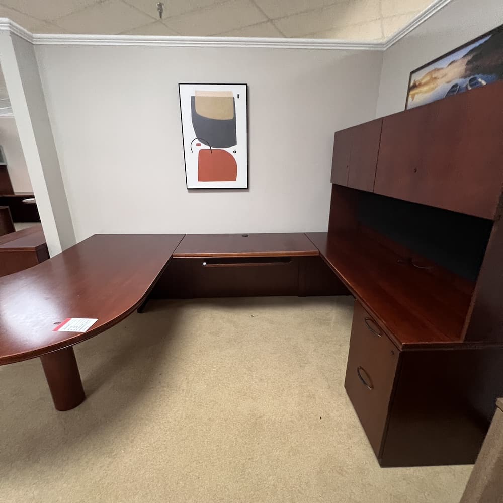 cherry veneer Kimball national furniture used office furniture u-desk right return bullet nose with hutch
