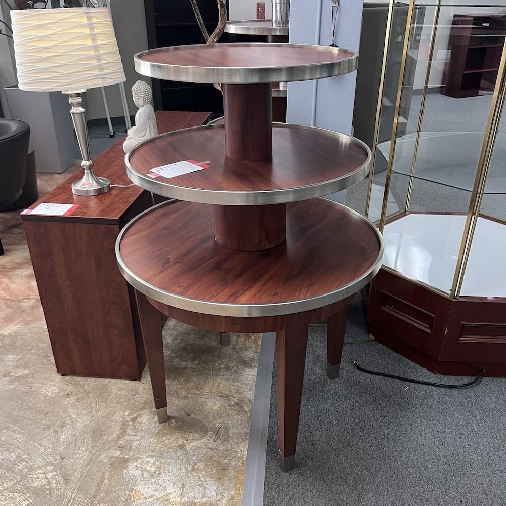 cherry laminate with metal silver edging 3 tier retail display tables used furniture