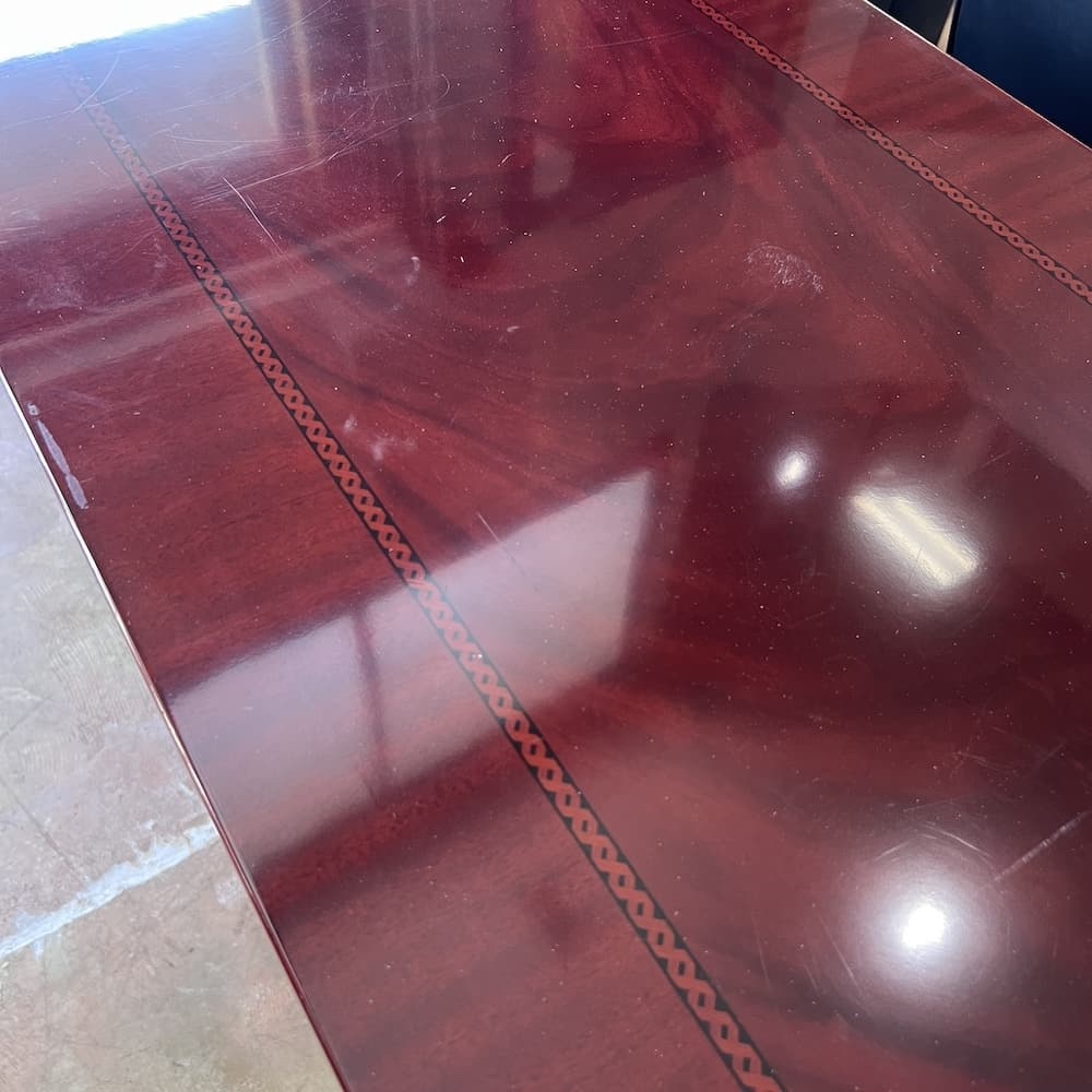 cherry veneer wood credenza with silver pulls, braiding inlay, executive used office furniture