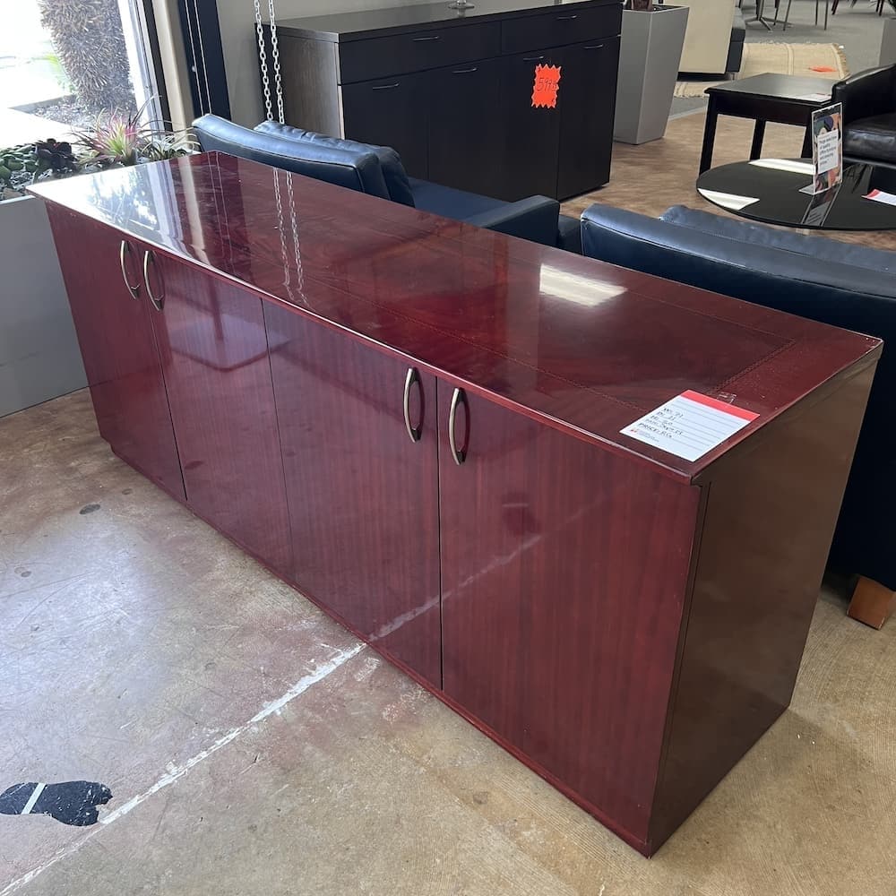 cherry veneer wood credenza buffet with silver pulls, braiding inlay, executive used office furniture