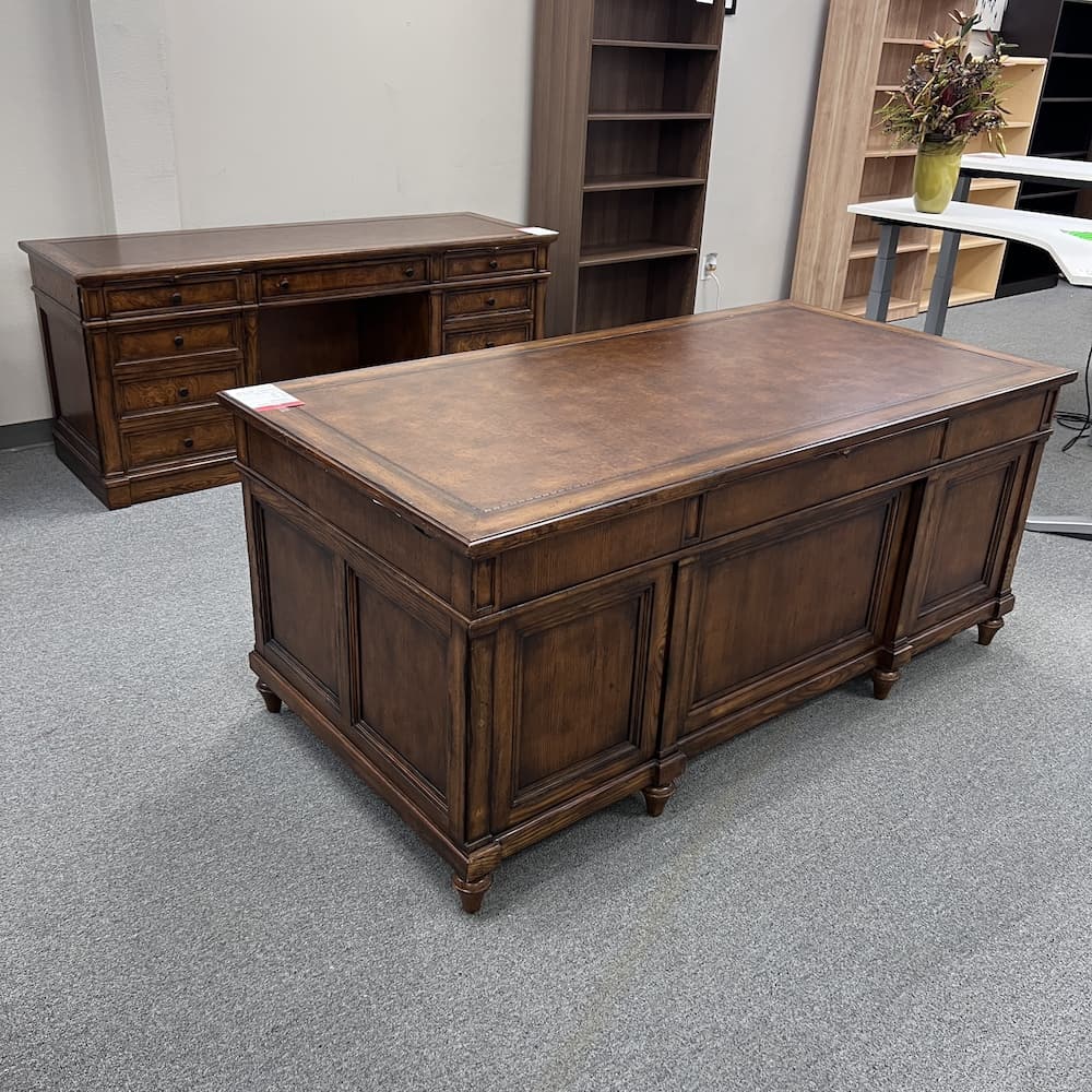 cherry walnut veneer wood traditional executive desk and credenza set. Herman Furniture, used office furniture, Urban Burl Ash, leather blotter top