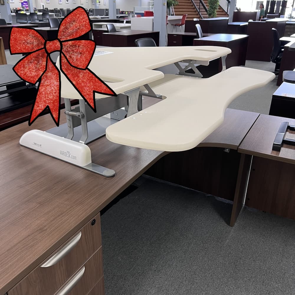 ribbon white varidesk used desk top riser height adjustable cube corner 48 used office furniture standing