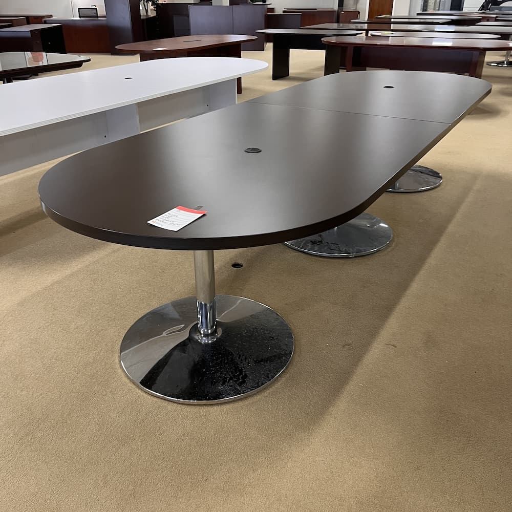 espresso racetrack conference table 12 ft, with silver chrome legs, used office furniture