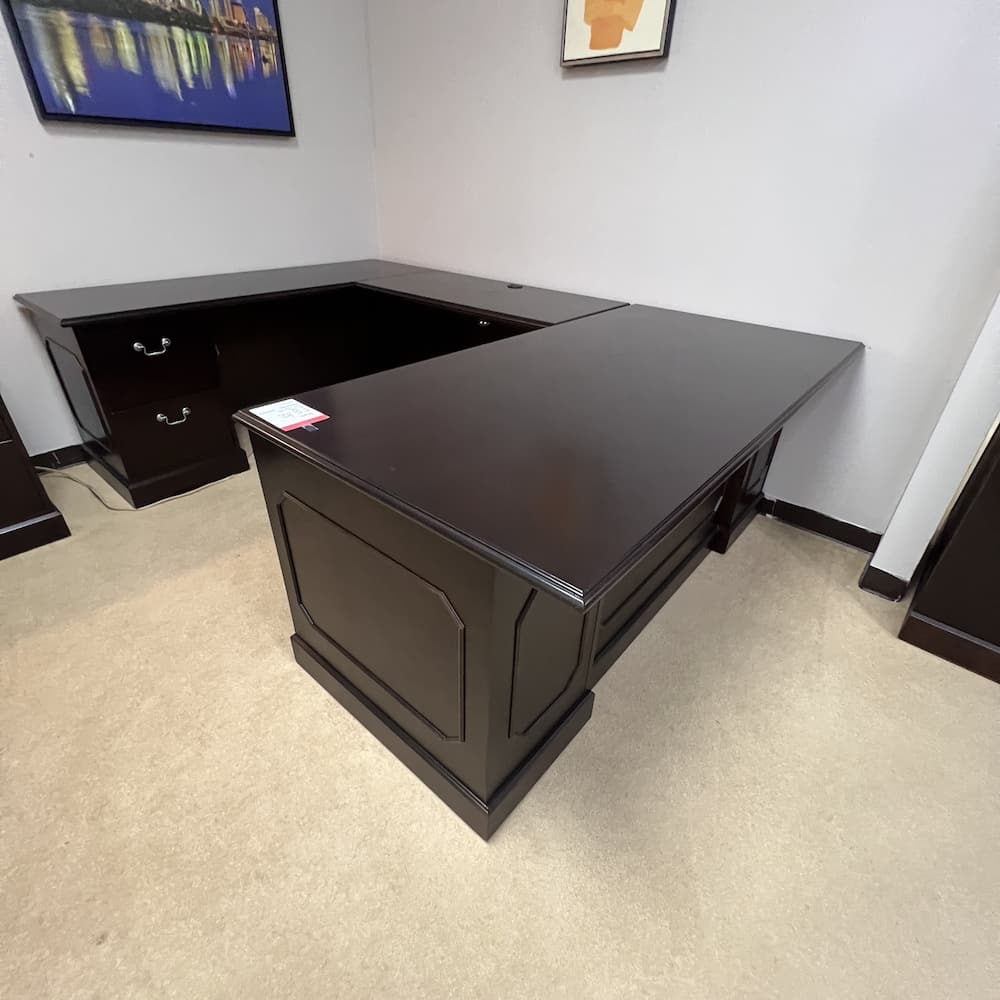 espresso veneer height adjustable u-desk left return traditional executive jasper groupe
