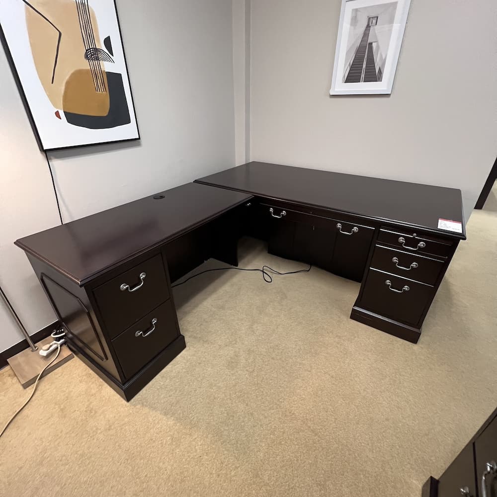 espresso veneer height adjustable l-desk left return traditional executive jasper groupe