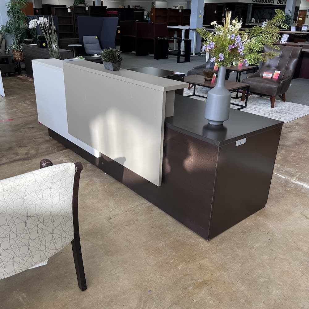 espresso, white, and taupe laminate l-desk reception used office furniture