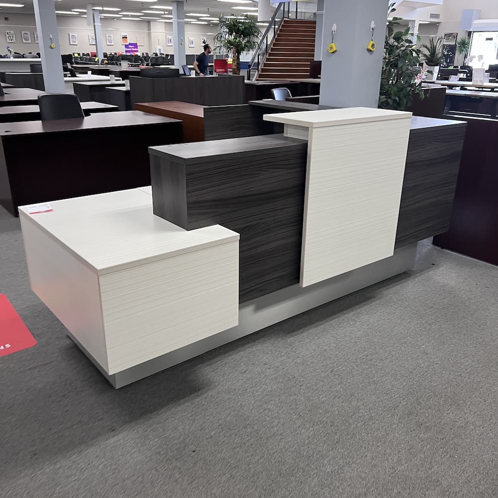 white laminate grey laminate l-desk reception desk aluminum skirt used office furniture