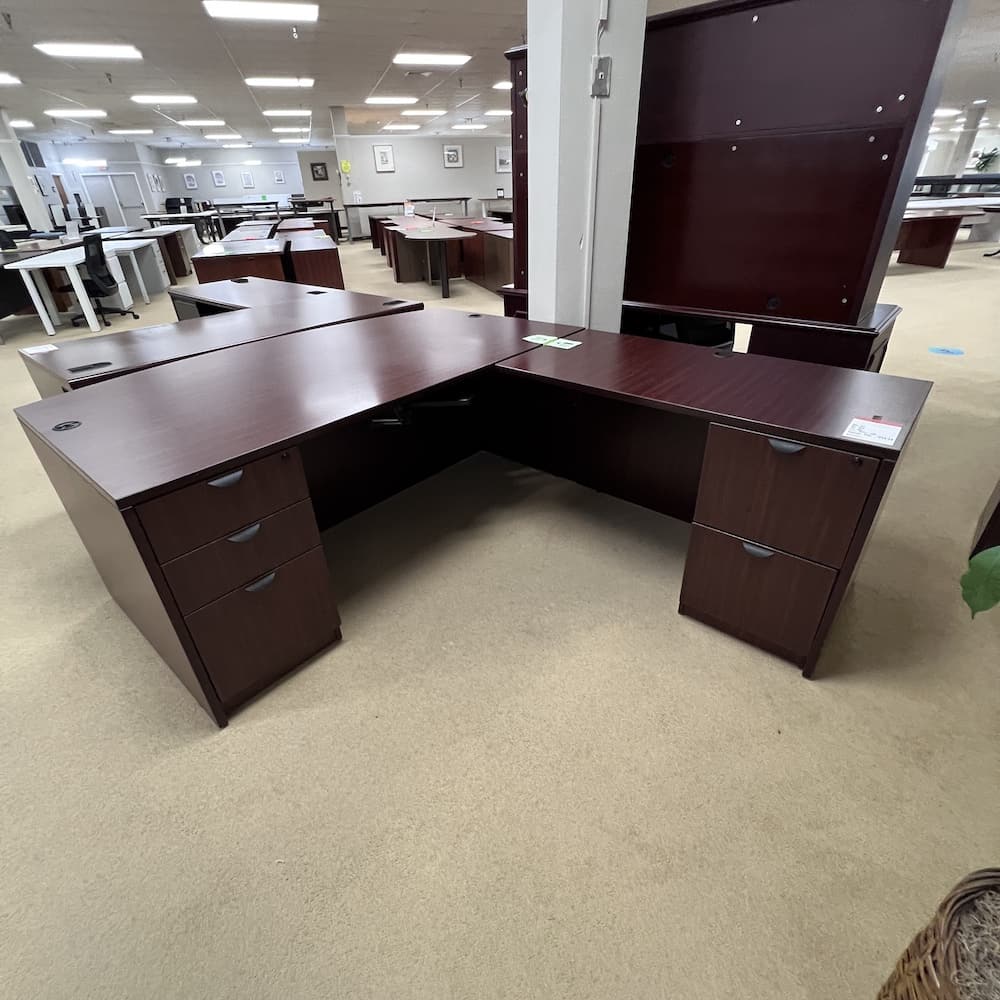 mahogany laminate l-desk right return bow front, double pedestal, used office furniture