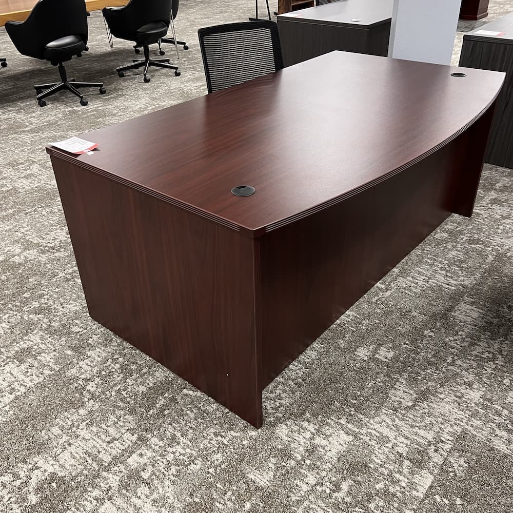 mahogany laminate bow front desk with file file and silver pulls, used office furniture