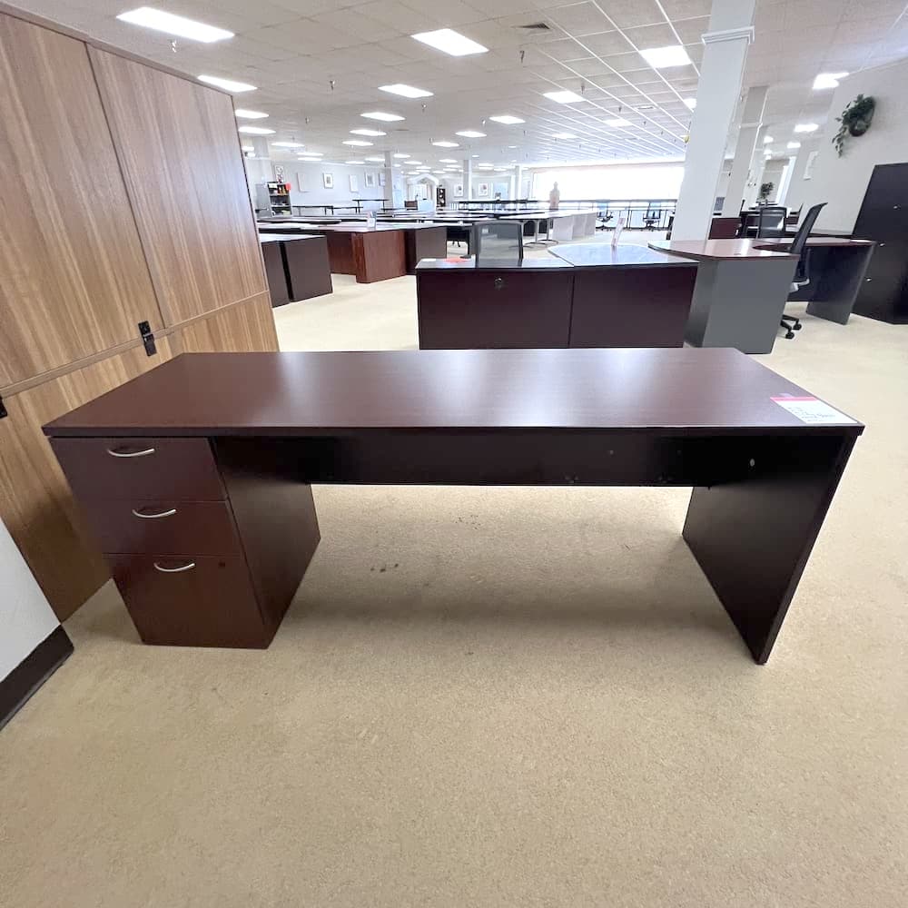 mahogany laminate desk credenza with box box file, silver pulls, used office furniture