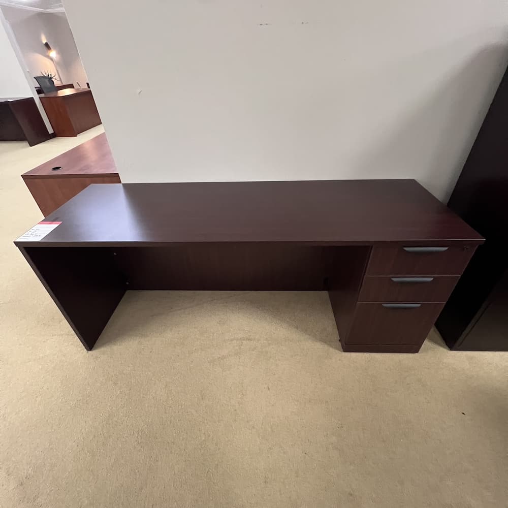 mahogany laminate desk credenza with box box file and black pulls, used office furniture