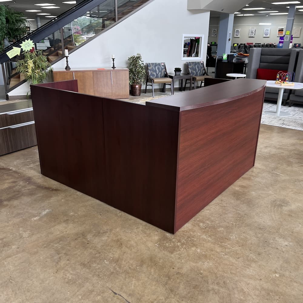 mahogany laminate reception l-desk right return l-shaped used office furniture