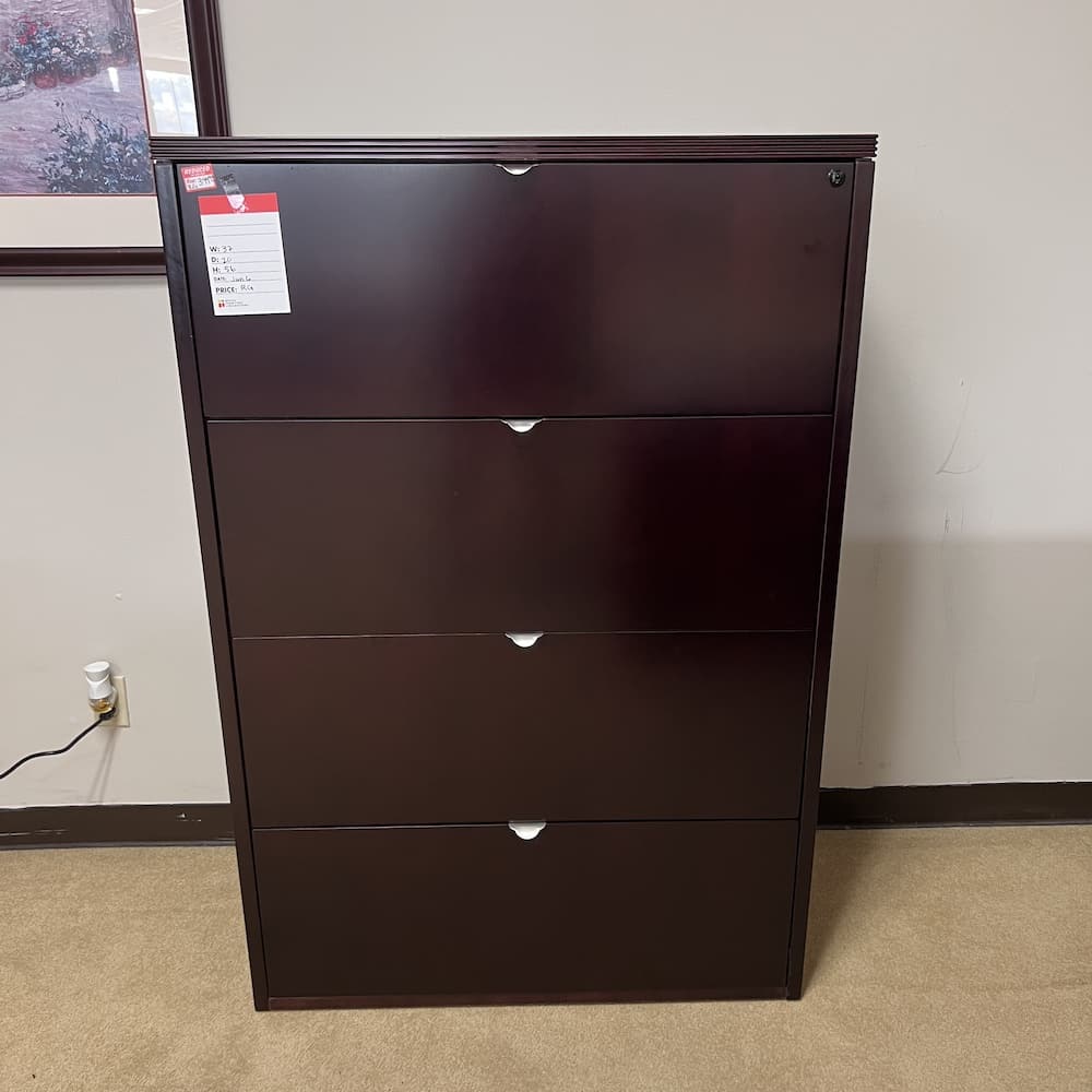 cherryman mahogany 4 drawer lateral veneer wood with silver pulls used office furniture
