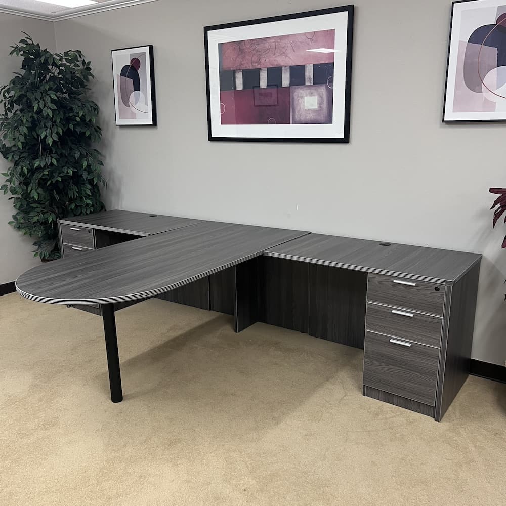 new 2 person workstation with bullet nose in center, T shaped laminate grey office furniture