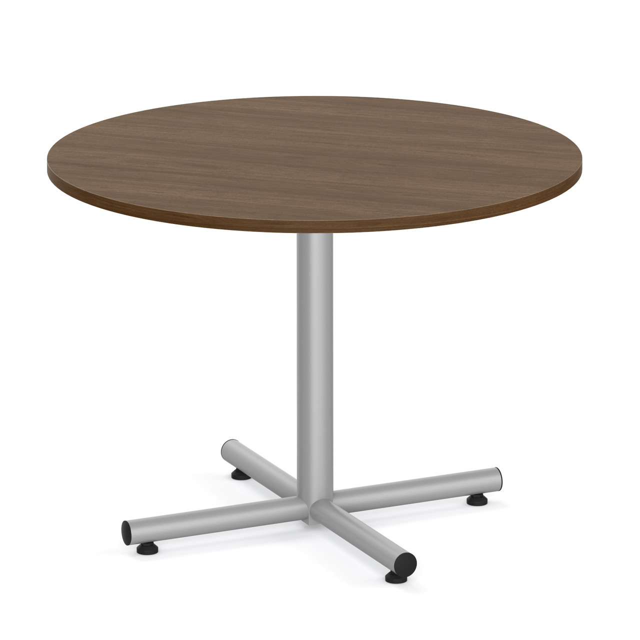 walnut laminate square 42" break room cafe dining table modern with metal cross base grey silver office furniture