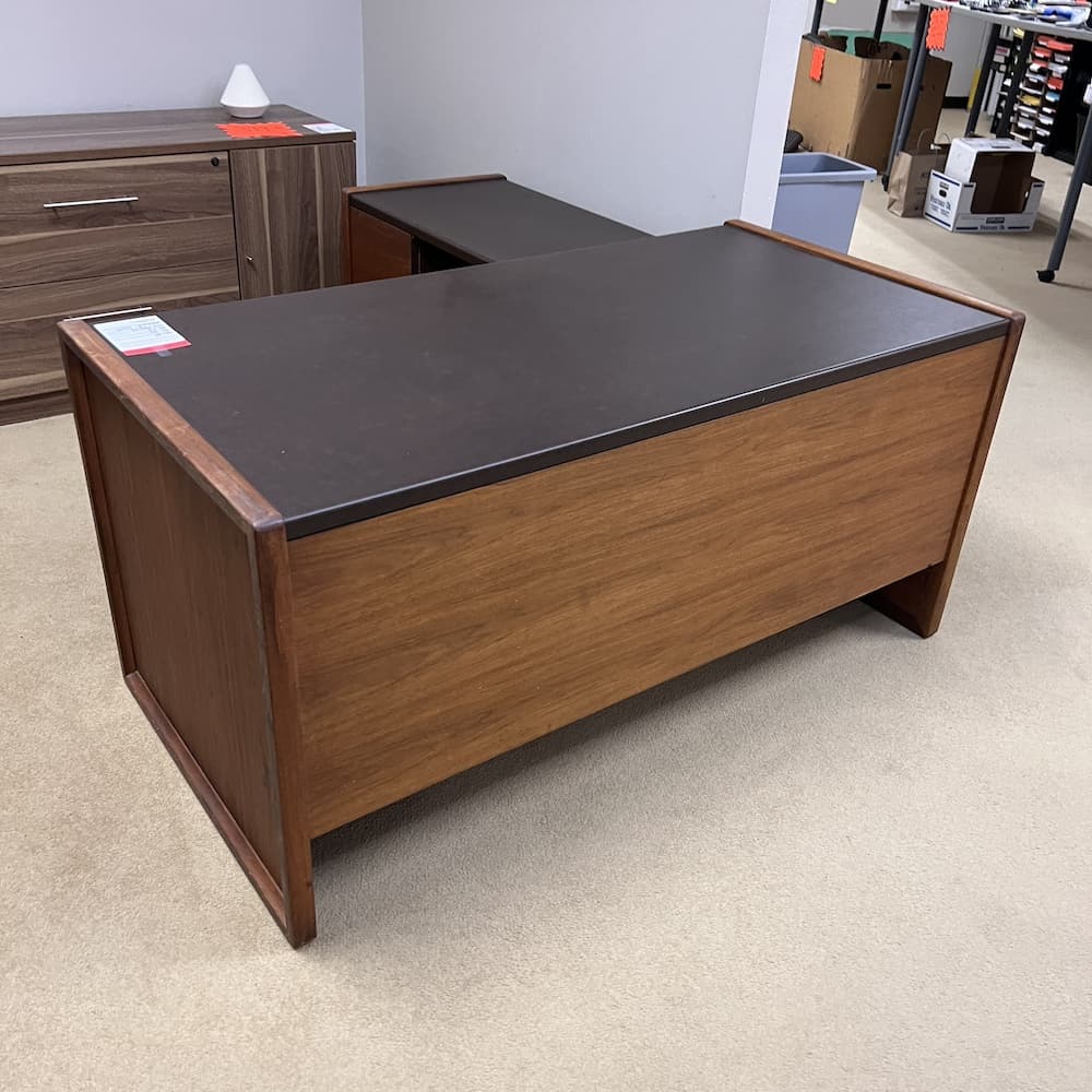 vintage espresso laminate and oak veneer l-desk right return used office furniture