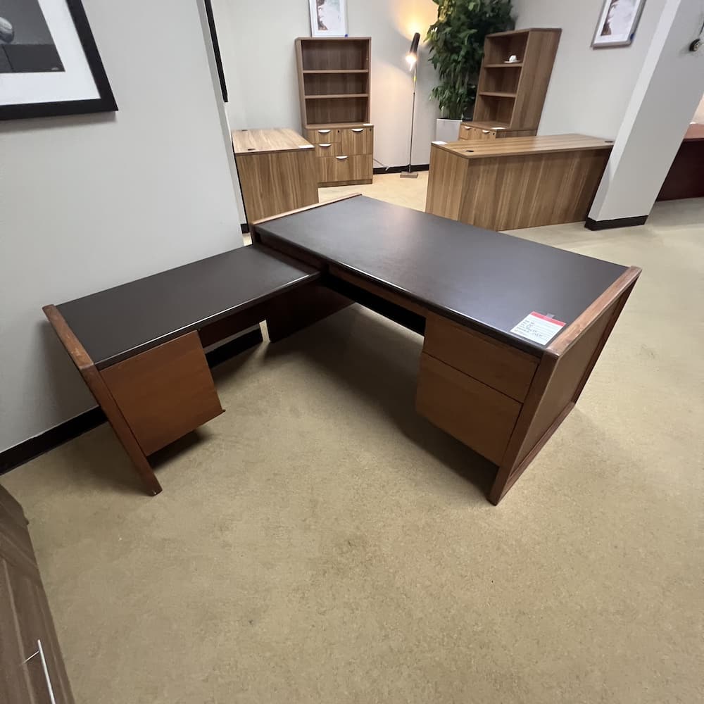 vintage espresso laminate and oak veneer l-desk right return used office furniture
