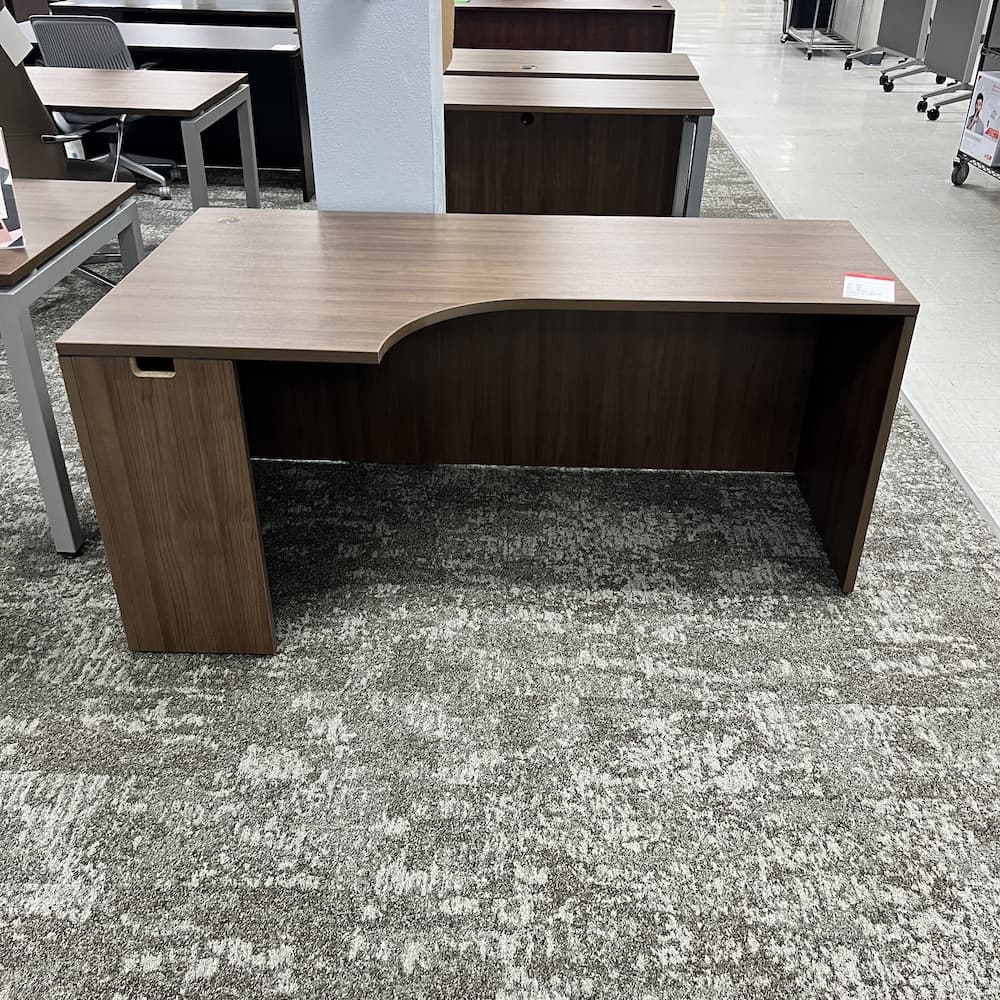 walnut laminate l-desk pork chop left return 71 x 36 used office furniture