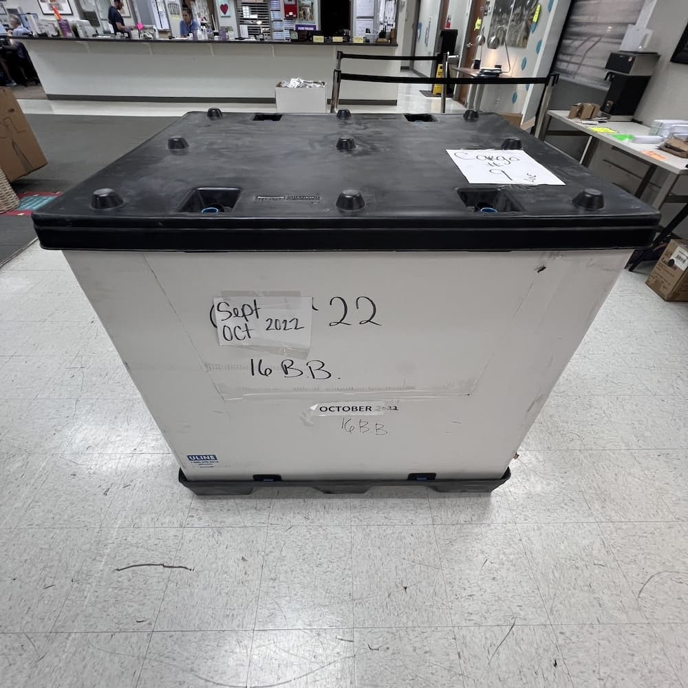 Uline reusable bulk container with corrugated cardboard sides, collapsable, storage palletized used moving solutions